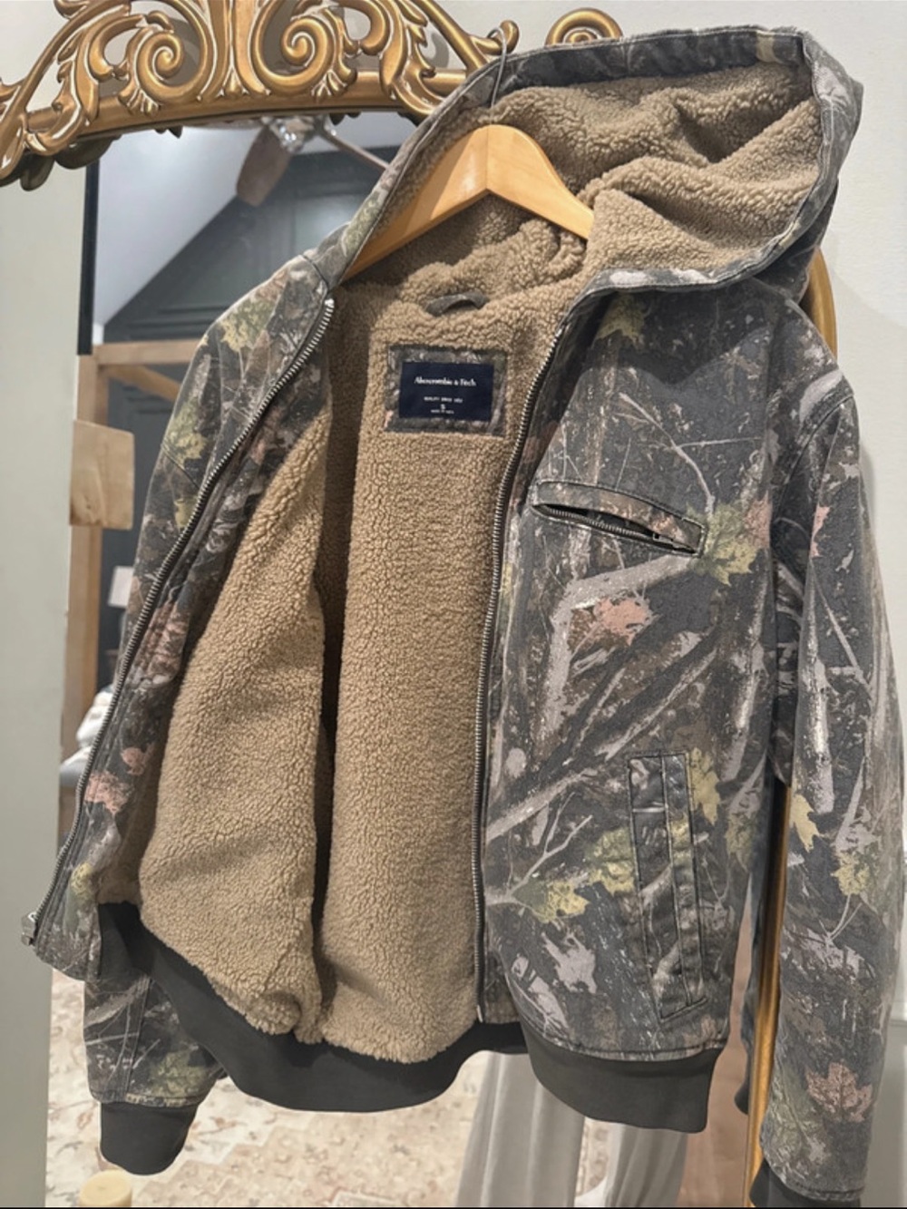 Abercrombie & Fitch Kids Hooded Sherpa Jacket - Gray with Tan Lining